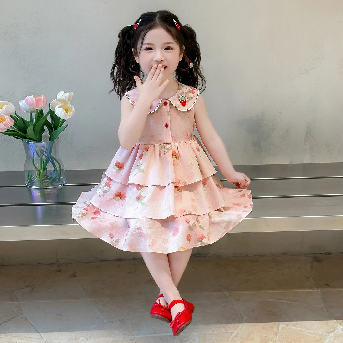 Girls Dress 2026 Summer New Strawberry Doll-neck Dress Children Clothing Korean Campus Cake Dress