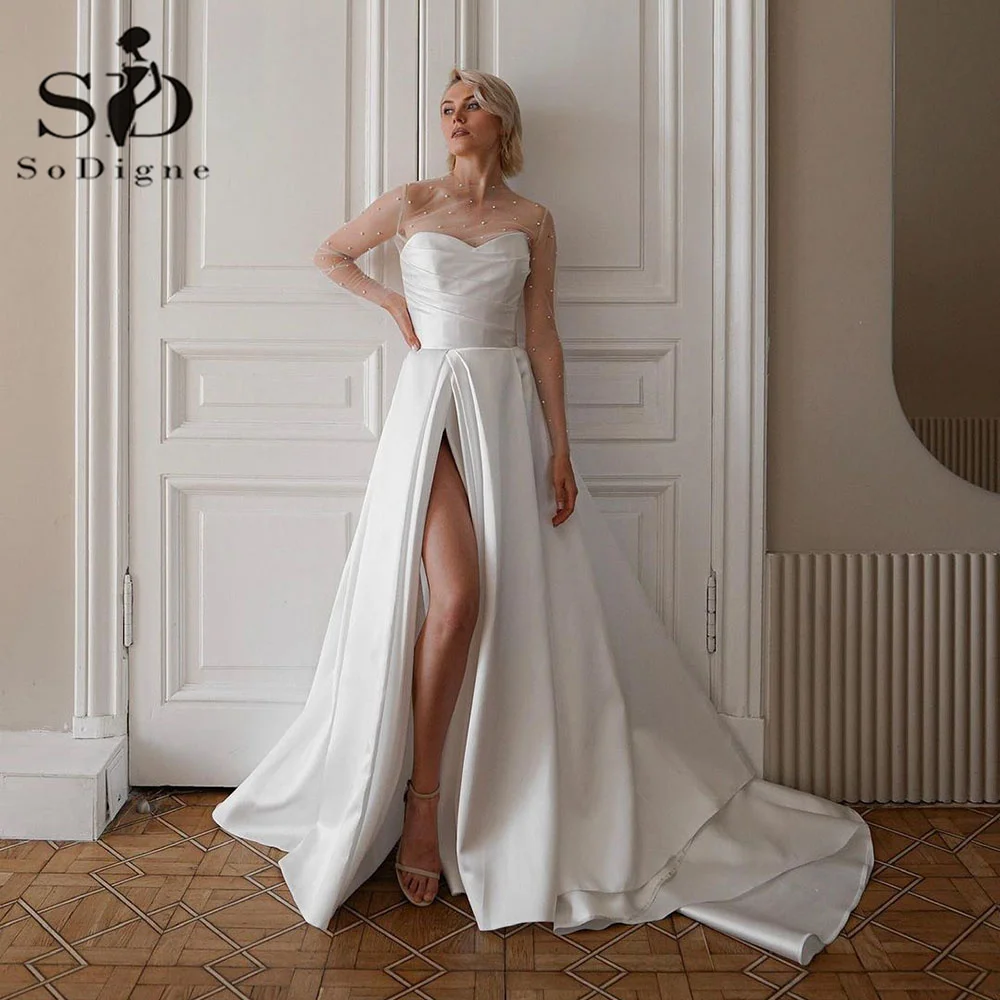 

SoDigne Elegant Wedding Dresses With Pearl Beading Satin Brides Dress Side Split Bridal Gowns For Women Custom Made