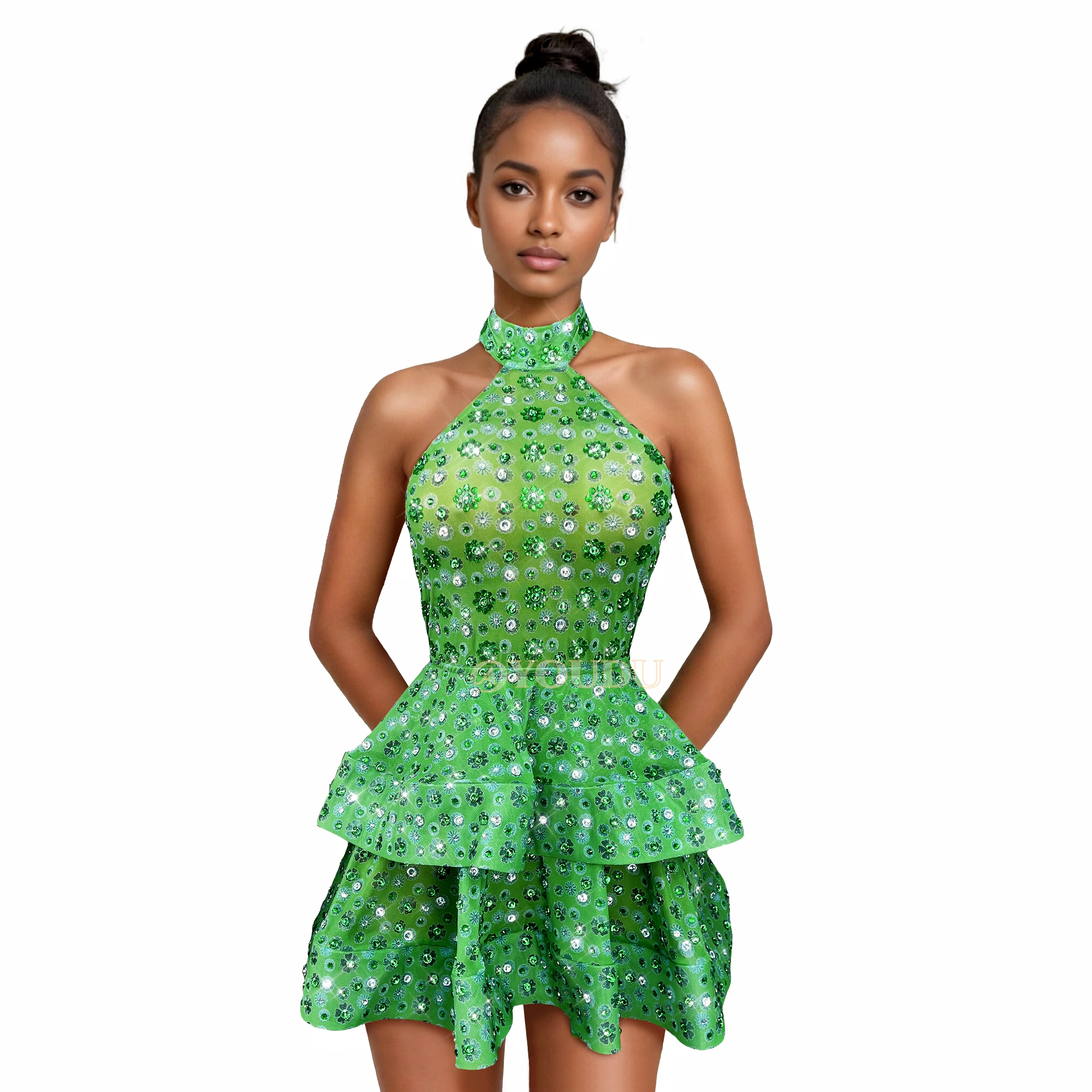 

Изящное зеленое блестящее платье со стразами, сексуальное многоуровневое платье с открытой спиной, повседневная вечеринка, празднование красной ковровой дорожки, наряд для показа мод Lvxinghua