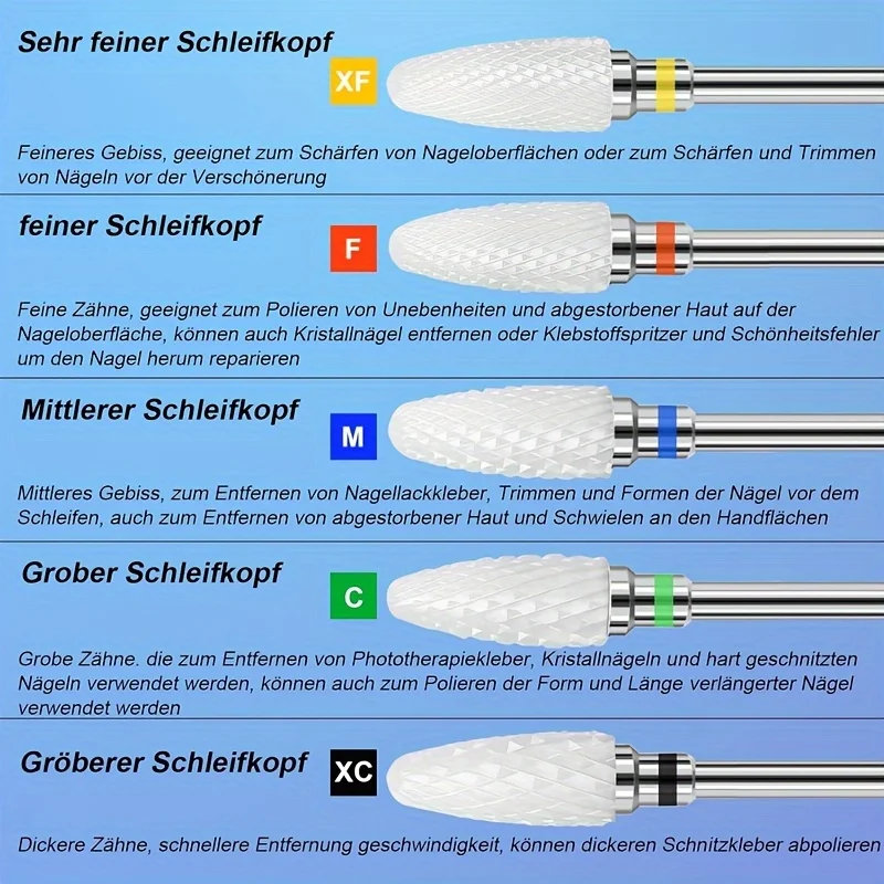 Kit-1/5 Uds. Brocas de cerámica para uñas con forma de paso de cabeza de maíz, herramientas de manicura y pedicura para taladro eléctrico, accesorios para máquina perforadora de uñas