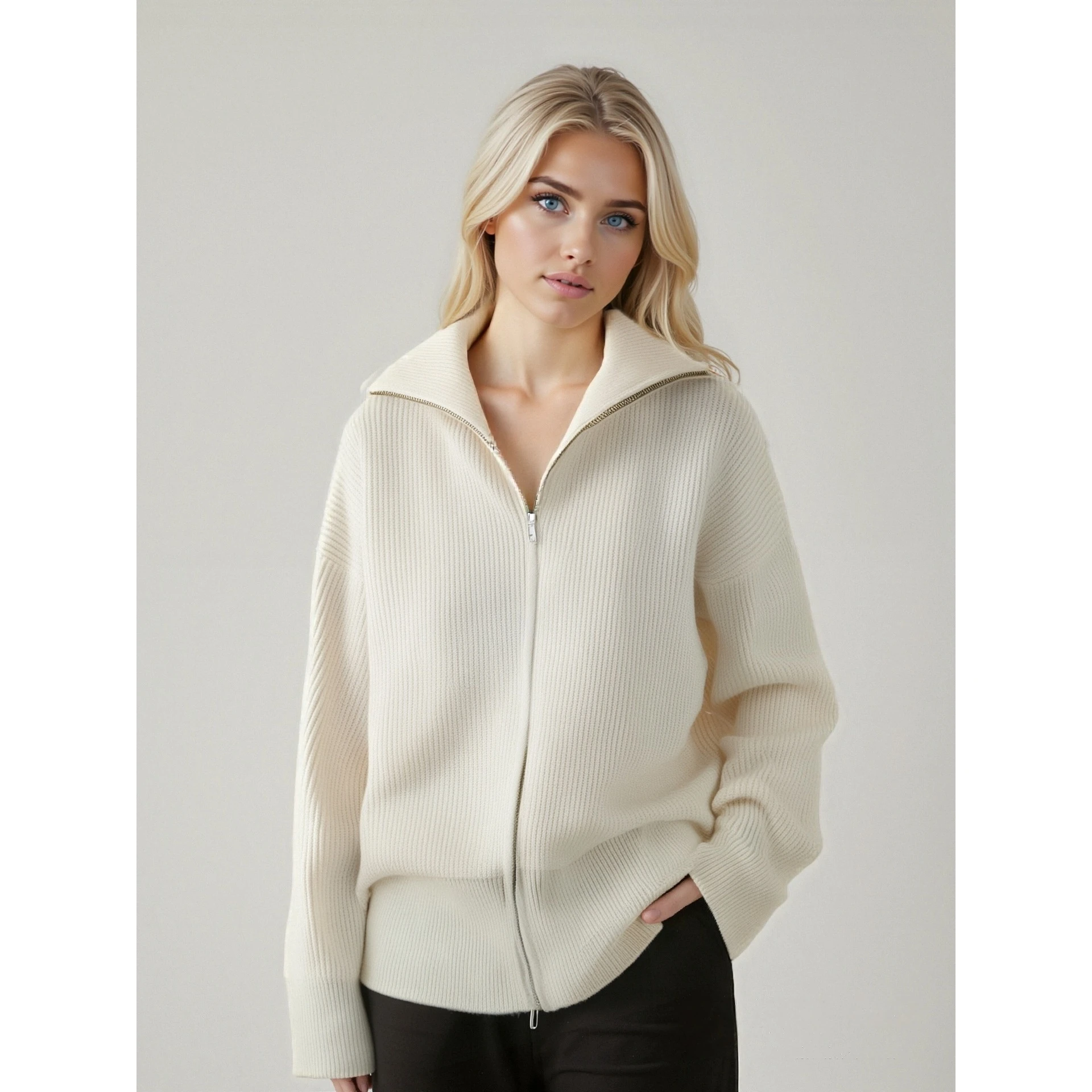 

Женский однотонный вязаный свитер, осень-зима, новый дизайн с воротником на молнии, ленивый кардиган, свободный крой, трикотаж