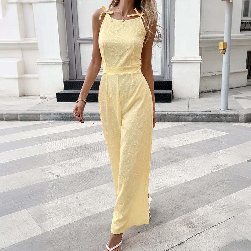 Women's Jumpsuit 2026 Spring Summer New Solid Color Jacquard Round Neck Sleeveless High Waist Casual Vacation Wide Leg Jumpsuit
