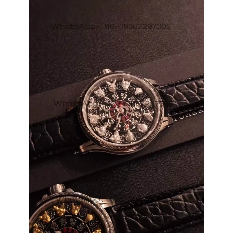 Chinese Han Style Retro Zodiac Micro-carving Sterling Silver Beast Head Hour Watch Automatic Mechanical Movement