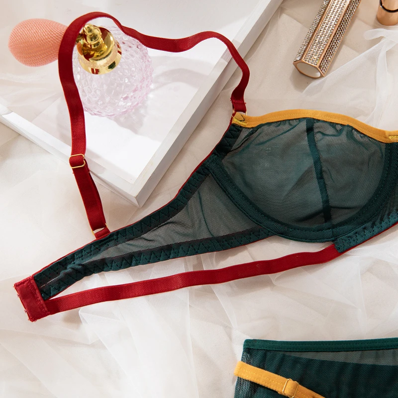 Bikini See-through Comfortable Mesh Patchwork Underwire Bra Two-piece Set