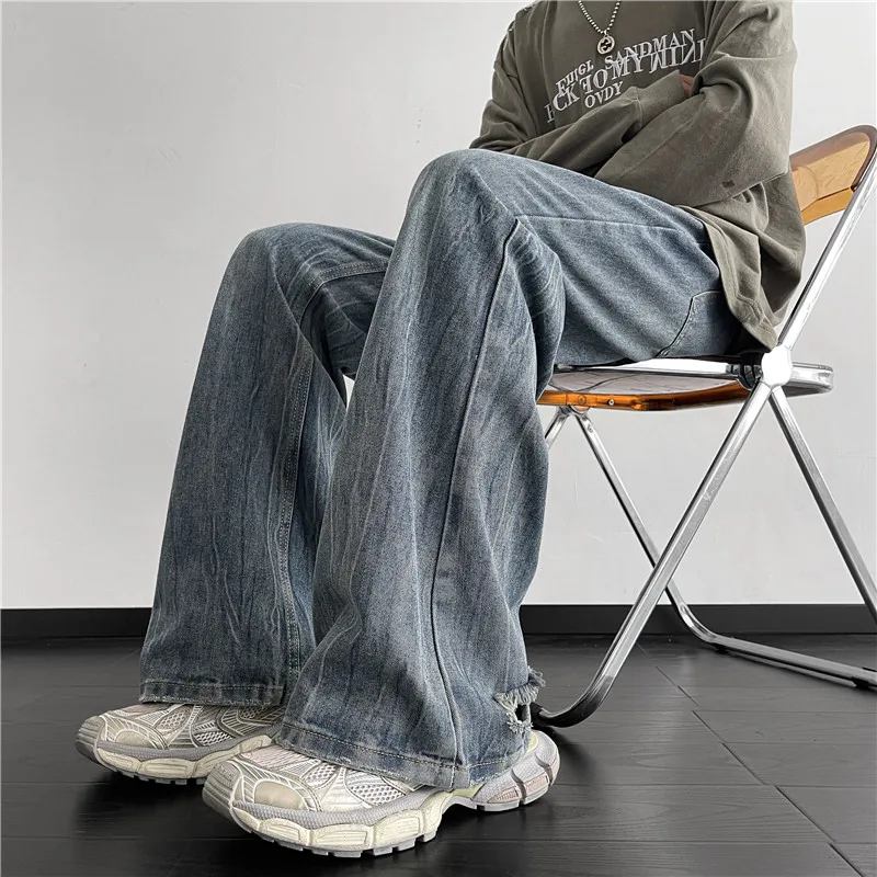 

American High Street Vibe Men's Summer Hong Kong Sle Retro Street Loose Straight Leg Jeans Torn Frayed Denim Casual Long Pants