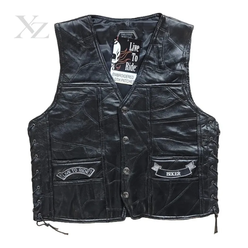 Durable Black Biker Sleeveless Jacket Men's Motorcycle Leather Vest Embroidery Laced Side Adjustable Waistcoat for Riding