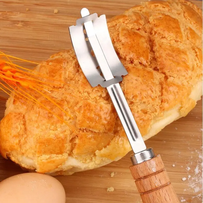 

Wooden Handle Bakers Dough Bread Pastry Cutter With 5 Blades Toast Curved Bread Knife Baking Accessory Pastry Spatulas