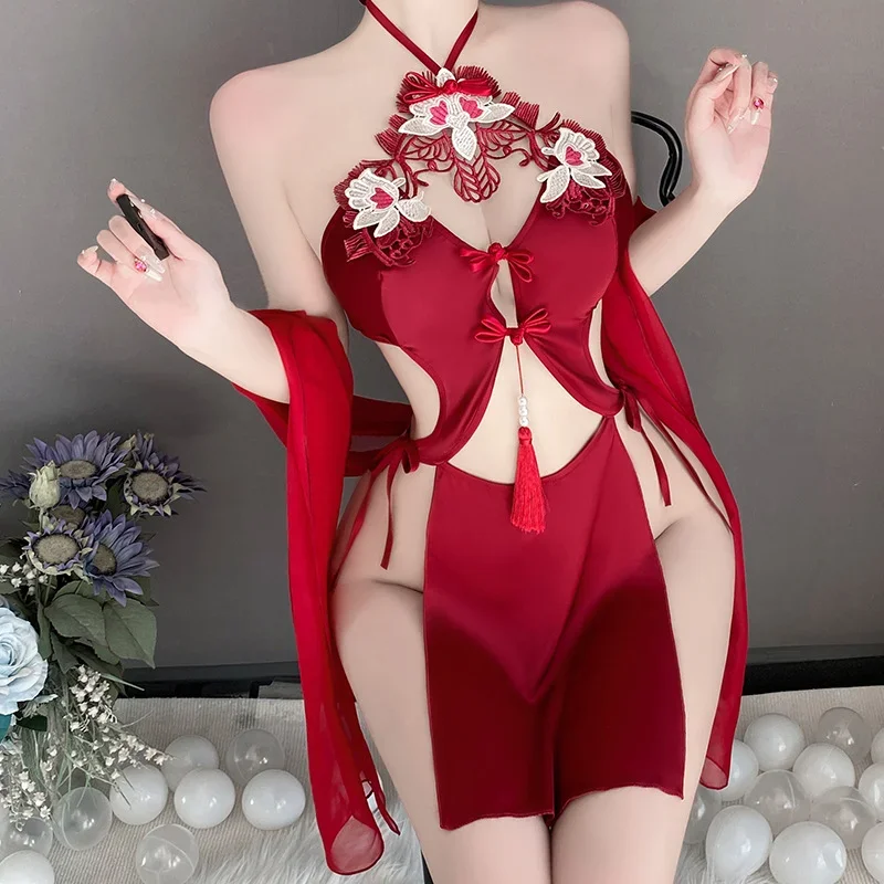 

Chinese Style Hanfu Cosplay Lingerie Peony Embroidery Cheongsam Sexy High Waist Hollow Exotic Dress Red Porno Party Temptation