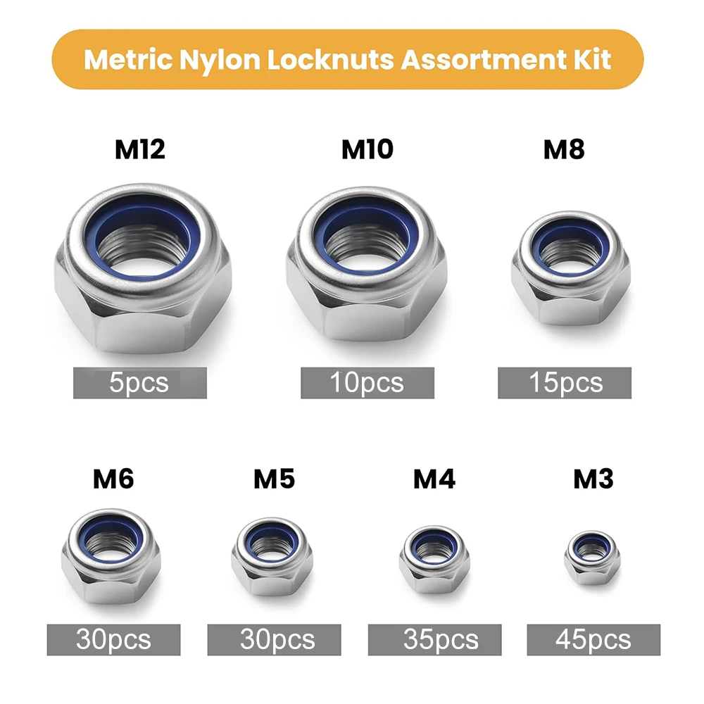 Picture 3: 170PCS Metric Lock Nuts Assortment Kit Nylon Insert Locknuts Set Stainless Steel Self-Locking Nuts for Industrial Construction