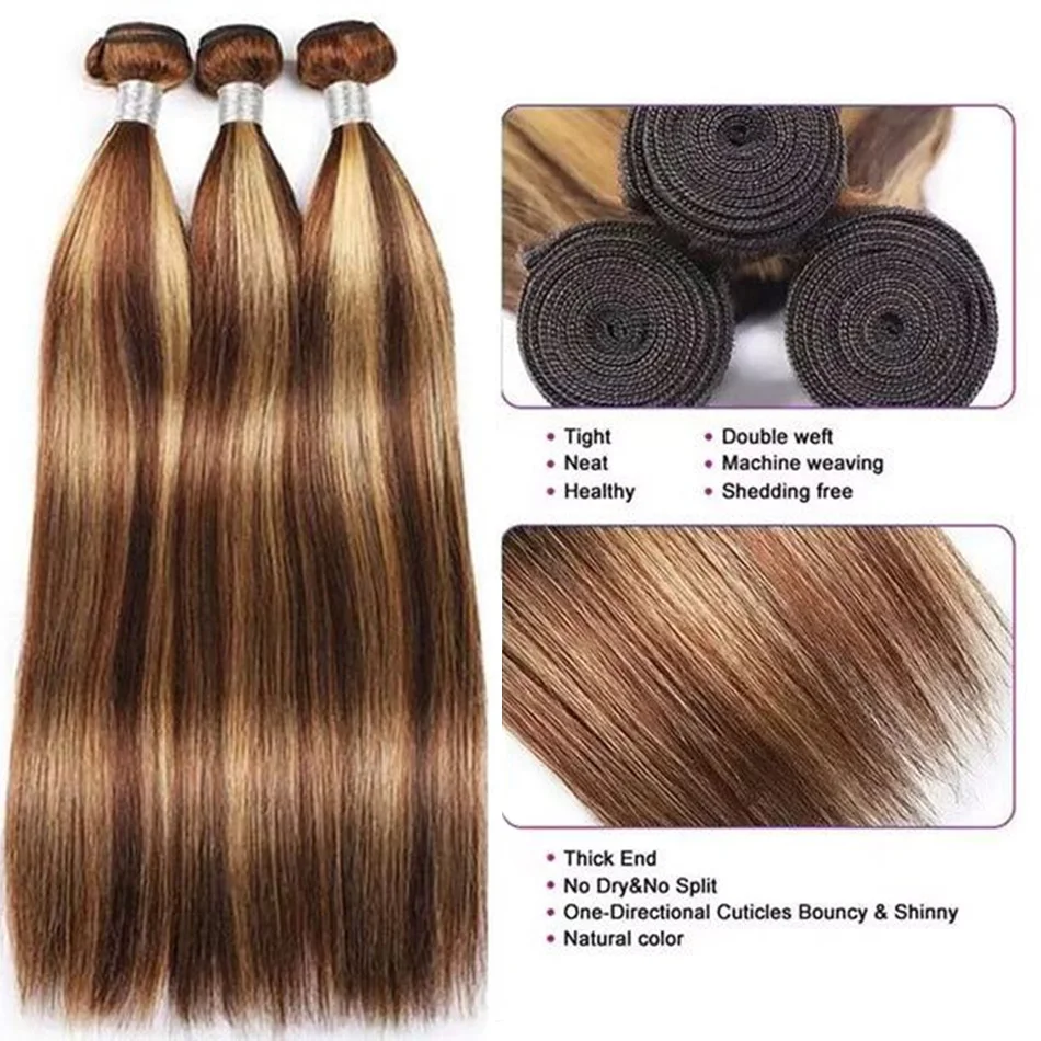 20 22 24Inch P4/27 Straight Bundle Human Hair 12A Highlight Straight Bundles 100% Human Hair Honey Blonde Bundles Top Quality image 5