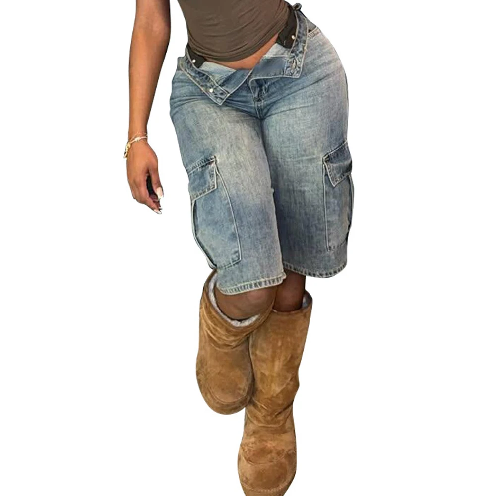 JENYAGE Y2K Damen Lowrise Denim Cargo Shorts mit Umlegebund, knielang, Vintage-Waschung, große Taschen, Baggy Jeans-Shorts, Streetwear – Detail 9