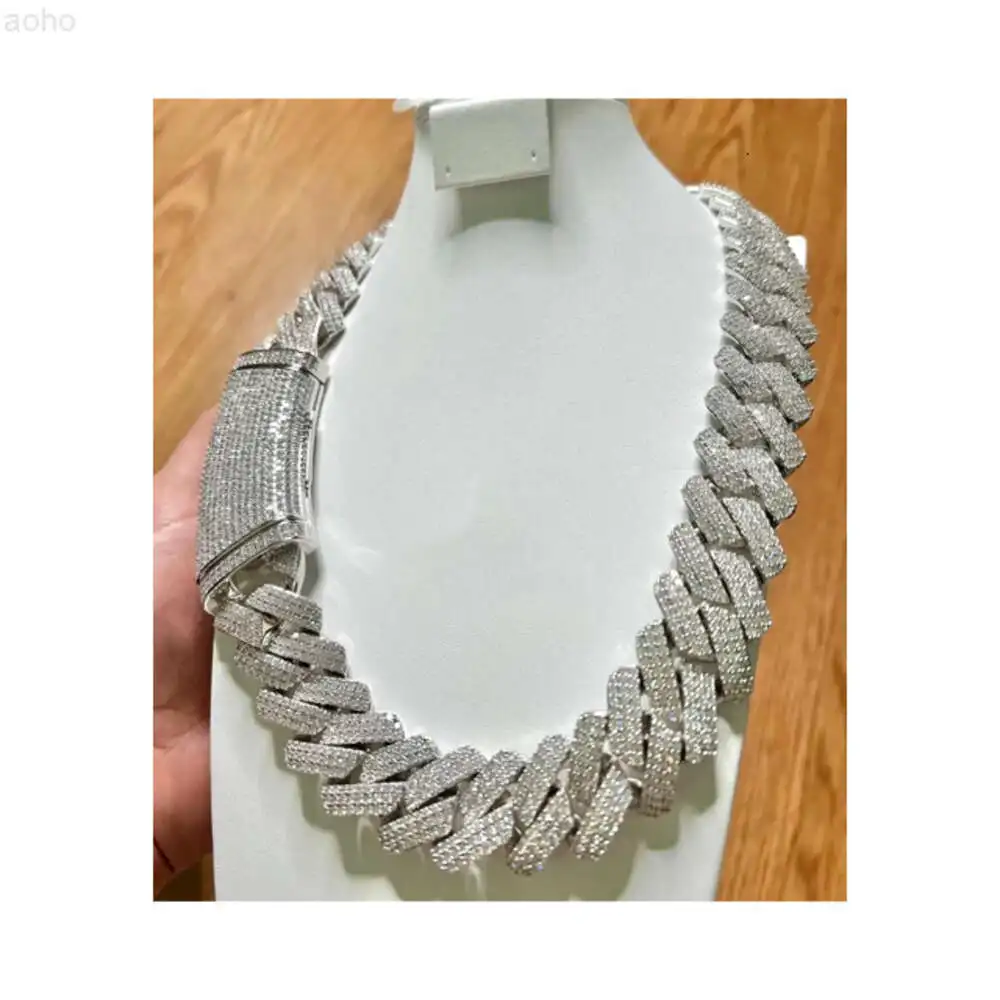 

25mm Miami Cuban Link Chain Vvs Moissanite Diamond Stubbed 925 Sterling Silver White Gold Plated 18-24