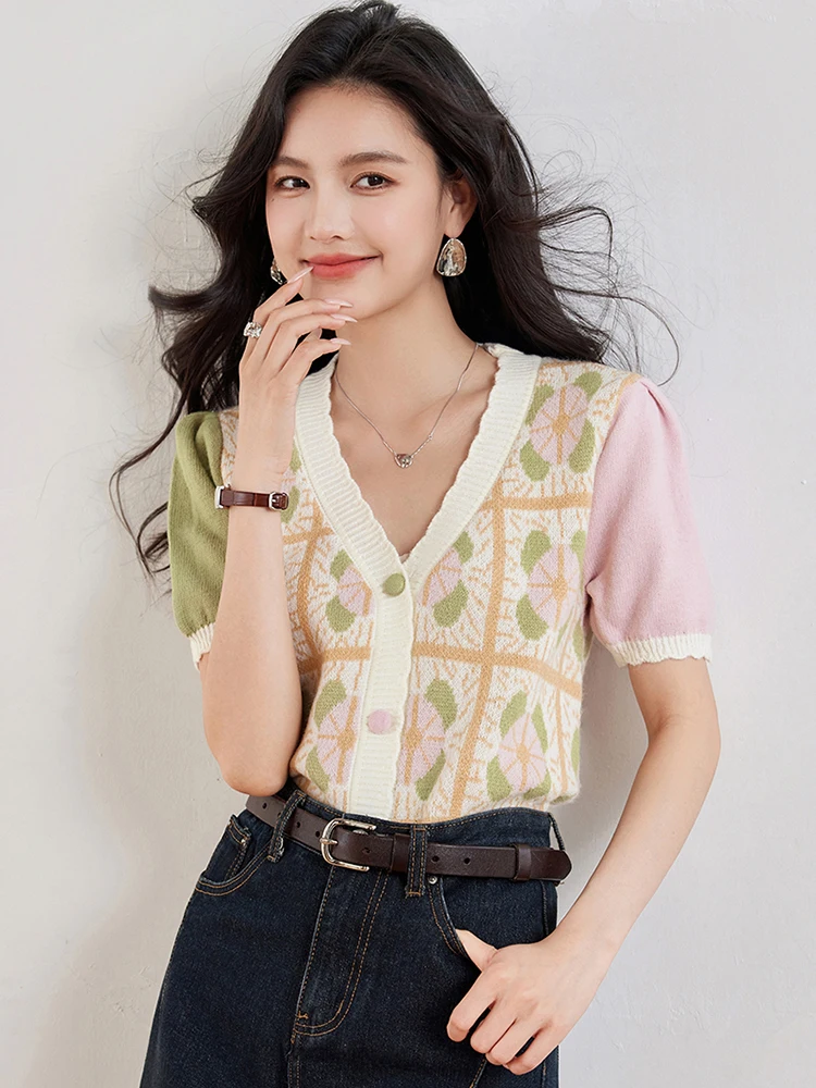 Sweet Printed Knitted T Shirt Women Summer Patchwork Short Sleeve Crop Tops Woman Summer V Neck Cardigan Sweater