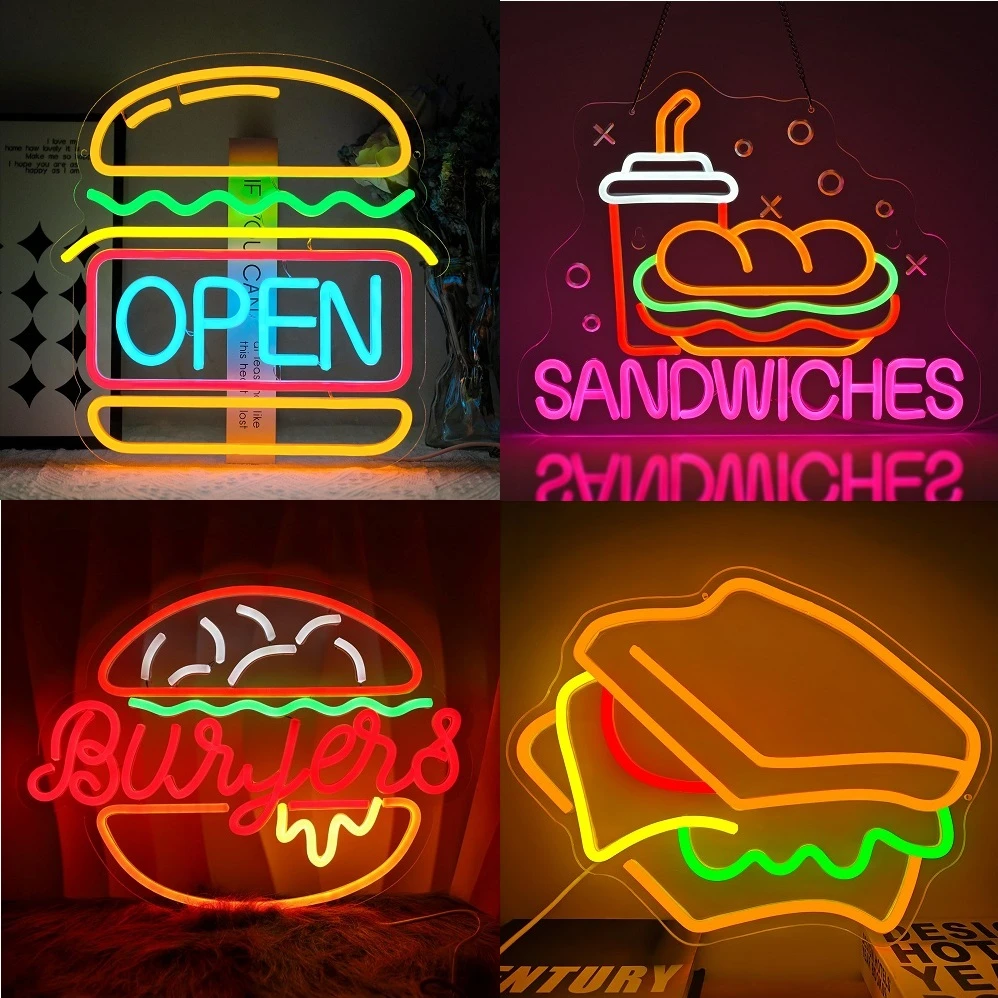 

Hamburger LED Neon Sign Burger and Sandwich Shop Neon Light Fast Food Business Signs for Restaurant Kitchen Party Dimmable Light