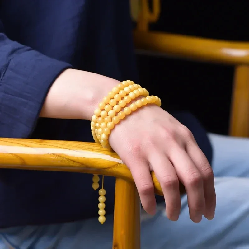 سوار الشمع 108 الخرز زيت الدجاج، الأصفر والقديم شمع العسل العنبر الخرز أساور وقلائد للرجال والنساء الإسورة الموضة #4