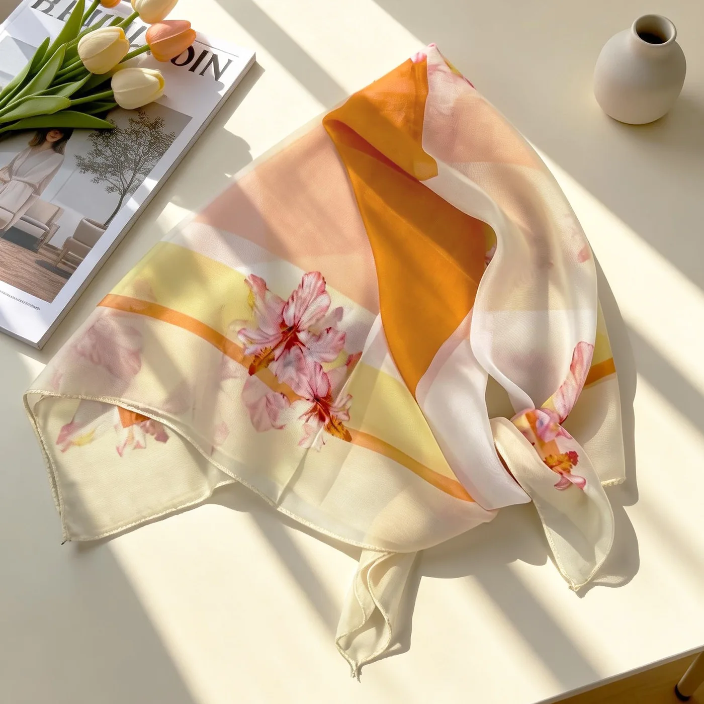 Spring/Summer Neck-Covering Lightweight Chiffon Square Scarf: Fashionable Women's Silk Scarf—Elegant, Versatile, and Minimalist