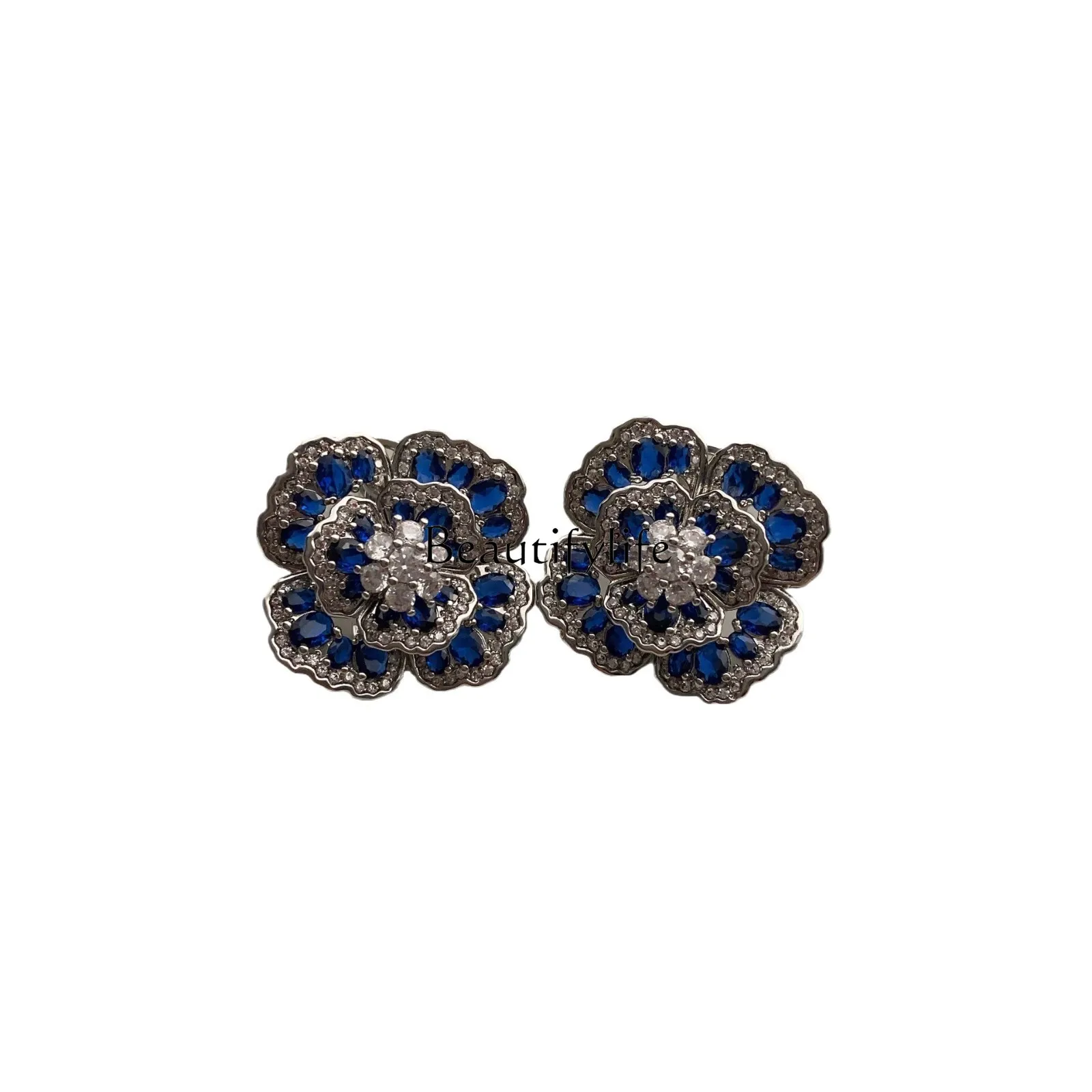 

French Elegant Pure Blue Flower Stud Earrings Vintage Flower Heavy Industry Earrings