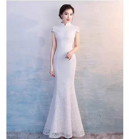 Improved version of fish tail cheongsam dress for winter fashion show, banquet style evening gown
