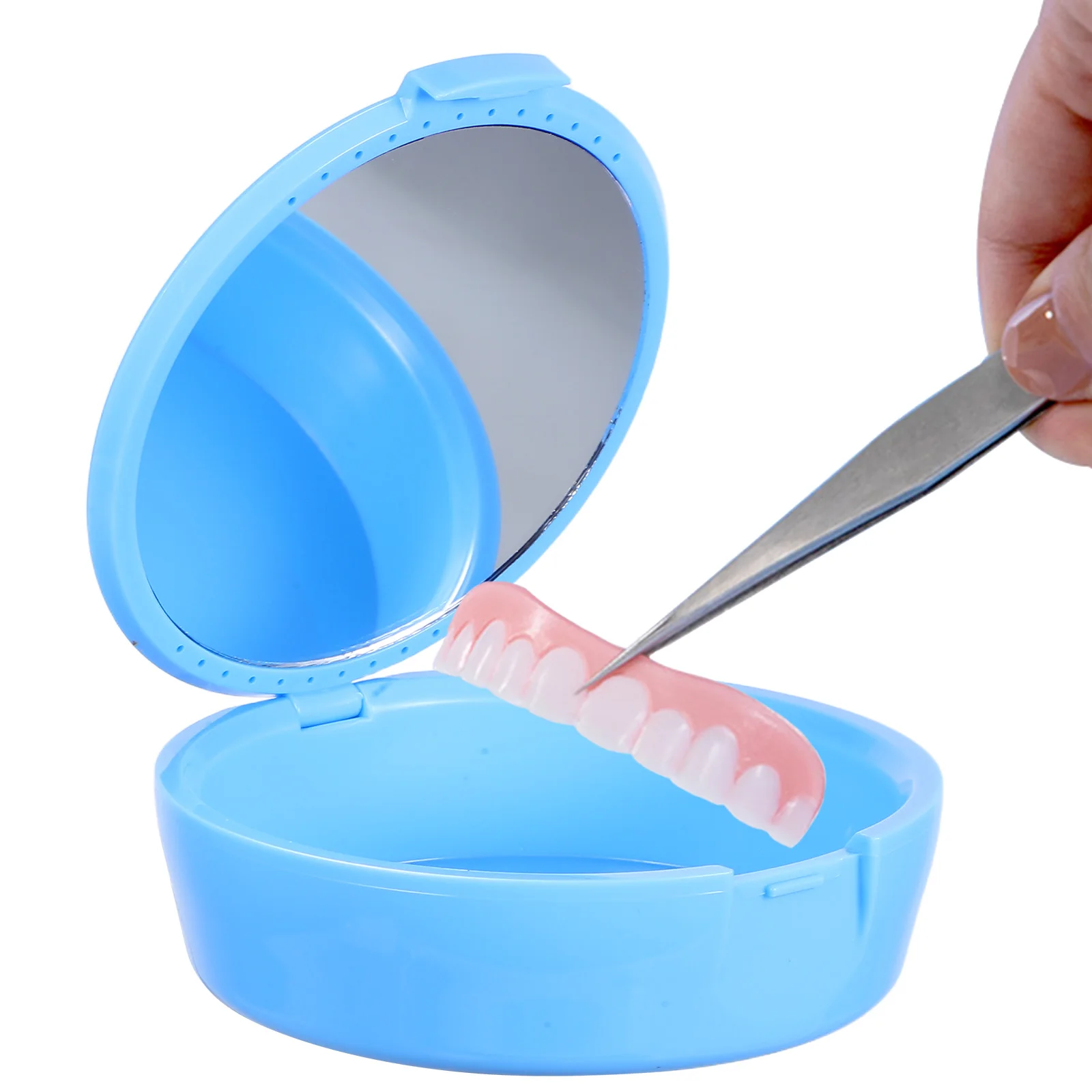 

Portable Tooth Storage Box Fake Holder with Mirror Teeth for Travel Plastic False