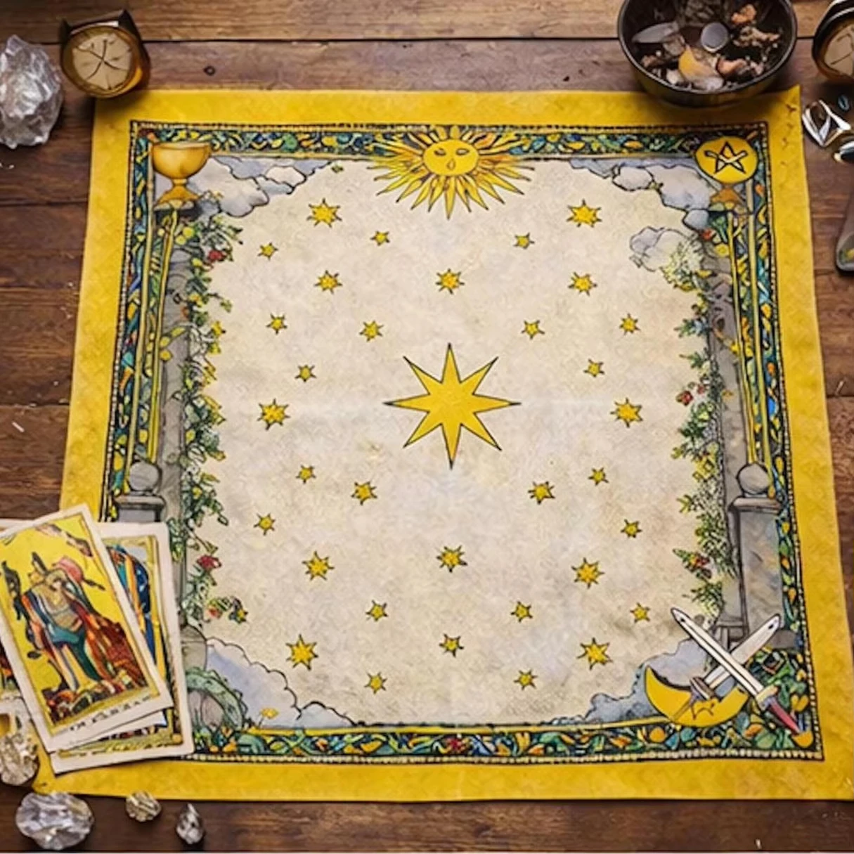 Vintage Sun Star Tarot Altar Cloth, Yellow Tarot Card Reading Divination Tablecloth