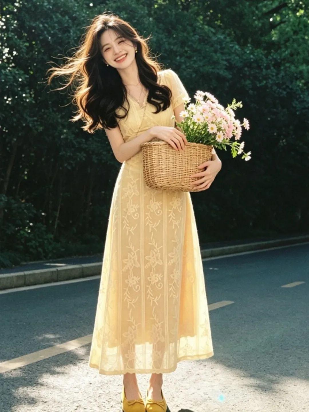 

Unique Beautiful V-neck Waist-cinching Slim Short-sleeve Long Dress Elegant Style Summer 2026 Polyester Fiber High Waist Dress
