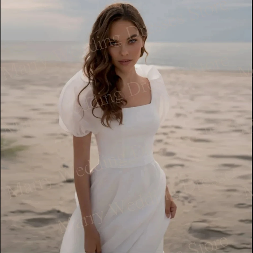 Vestido De Novia De Organza con cuello cuadrado y manga abullonada, traje sencillo De lujo con Espalda descubierta, Estilo Vintage