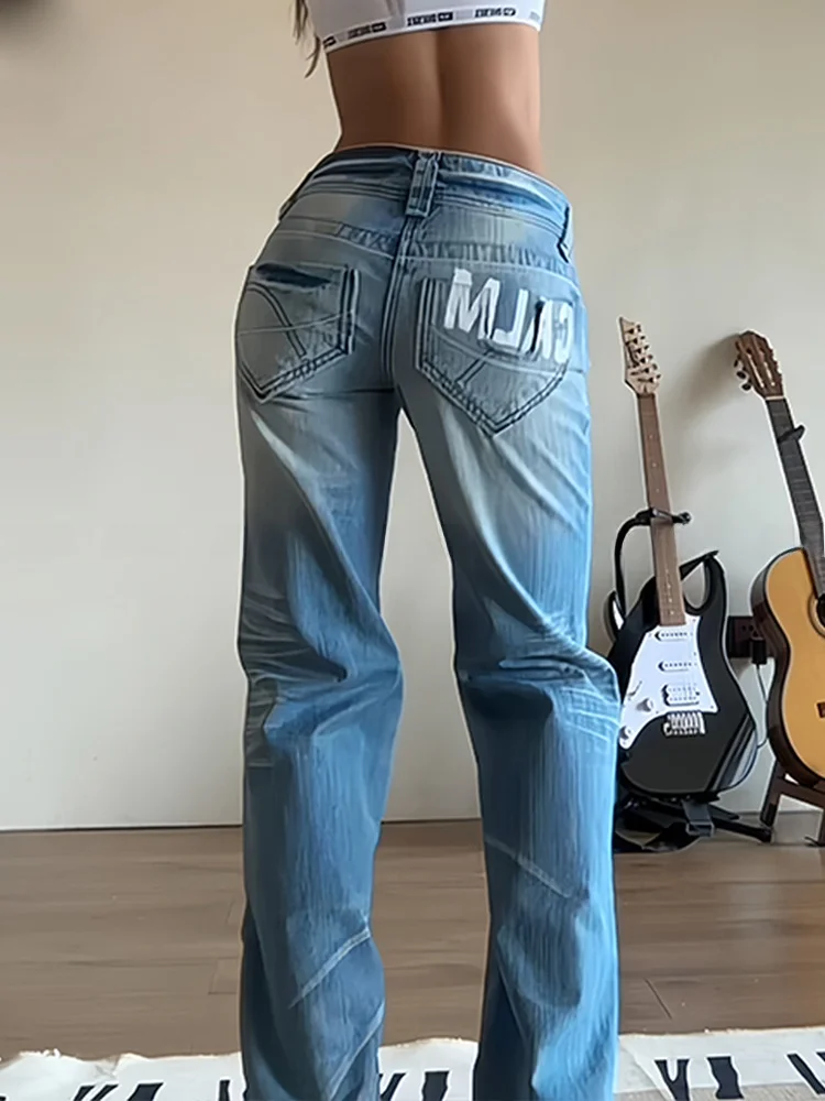 

Retro American Low Waist Denim Jeans Women Summer Thin Worn 's Whisker Floor-Length Pants Vintage Washed Standard Fit Jeans