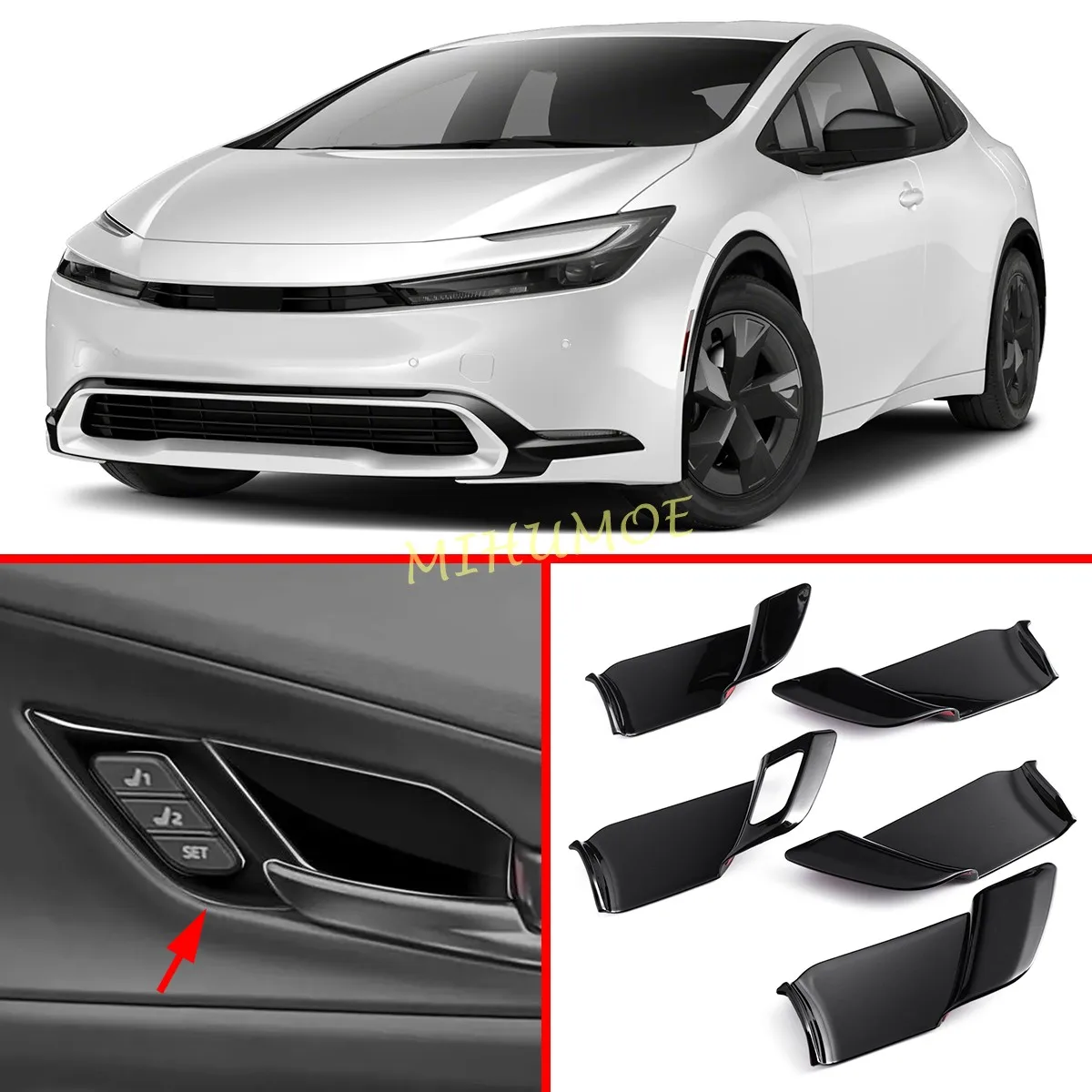 

Glossy Black Inner Door Handle Surrounds Trims Sticker For 2023-2025 Toyota Prius / Prius Prime Interior Accessories