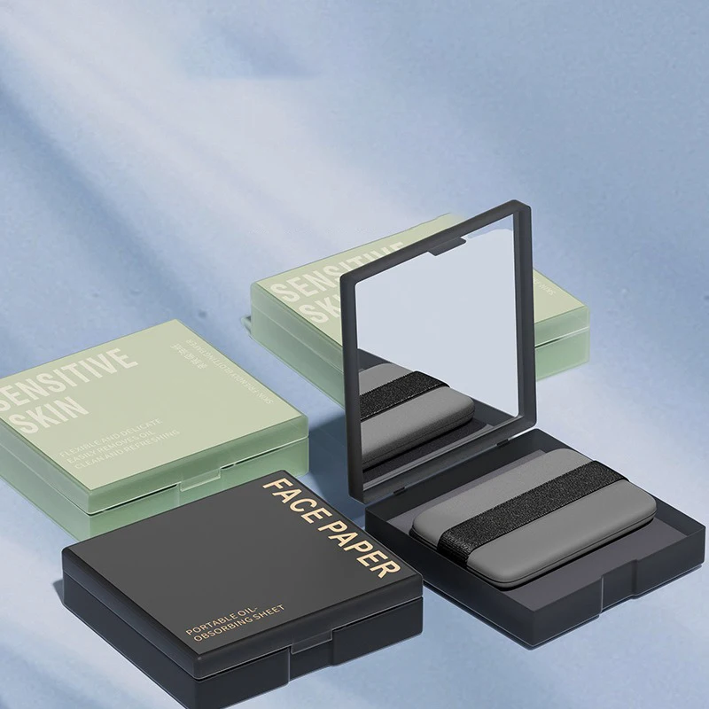 กระดาษซับมันหน้าจากถ่านไม้ไผ่ 100 ชิ้น ชุดดูแลผิวหน้าพกพาพร้อมกระจกและพัฟแต่งหน้า ชุดควบคุมความมัน