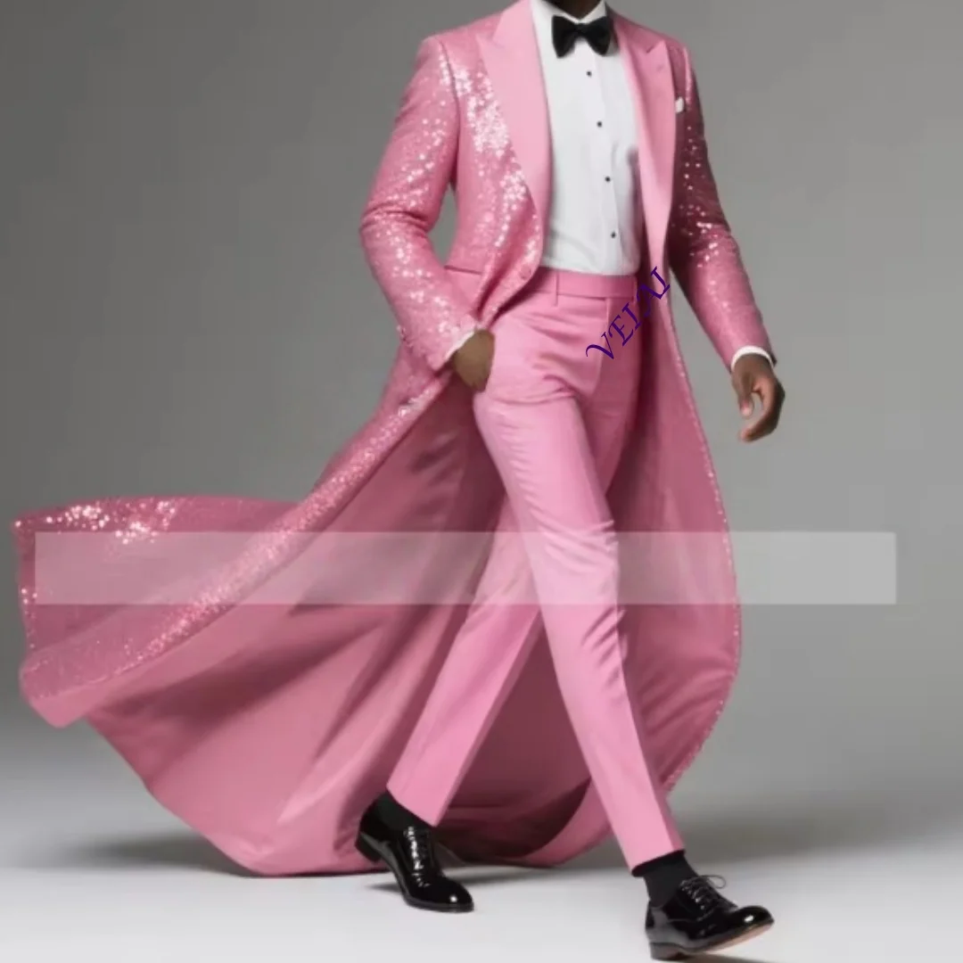 Customized Sparkling Sequins Men Suits Wedding Groom Tuxedos 2 Pieces Set Customized Outfits Business Male Suit Blazer Long Tern