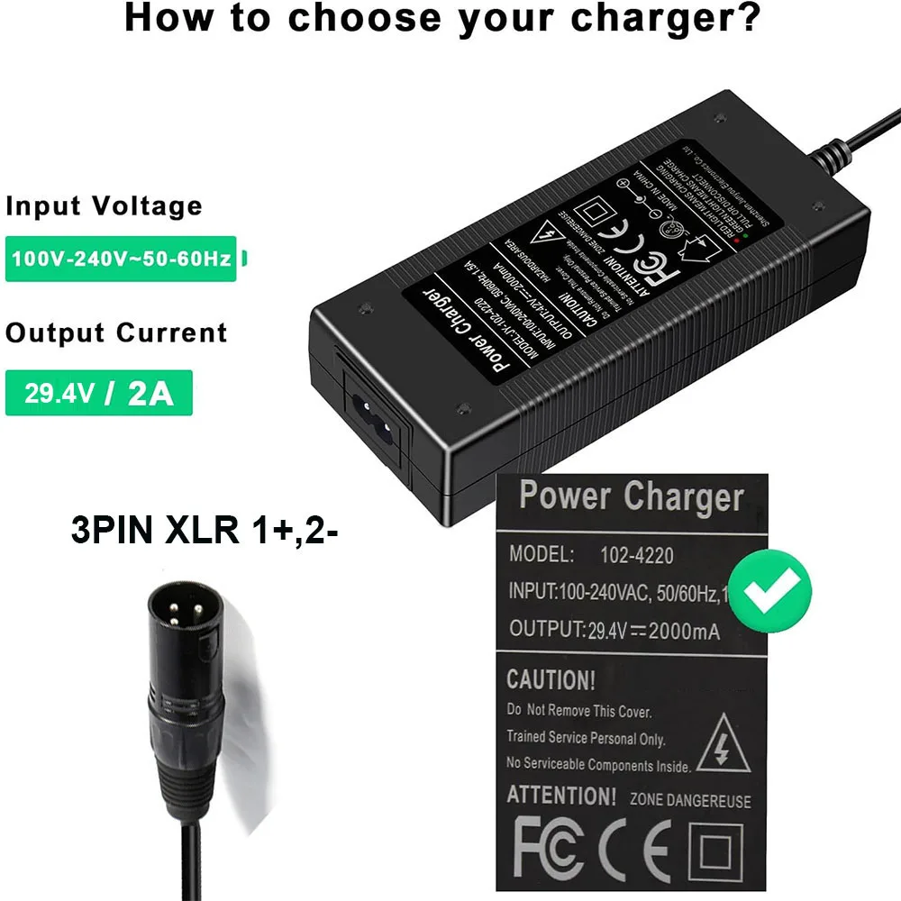 29.4V 2A Power Adapter  charger for Electric Bike Mobility Scooter 24V  7S Lithium Battery Charger 3-Pin XLR Connector