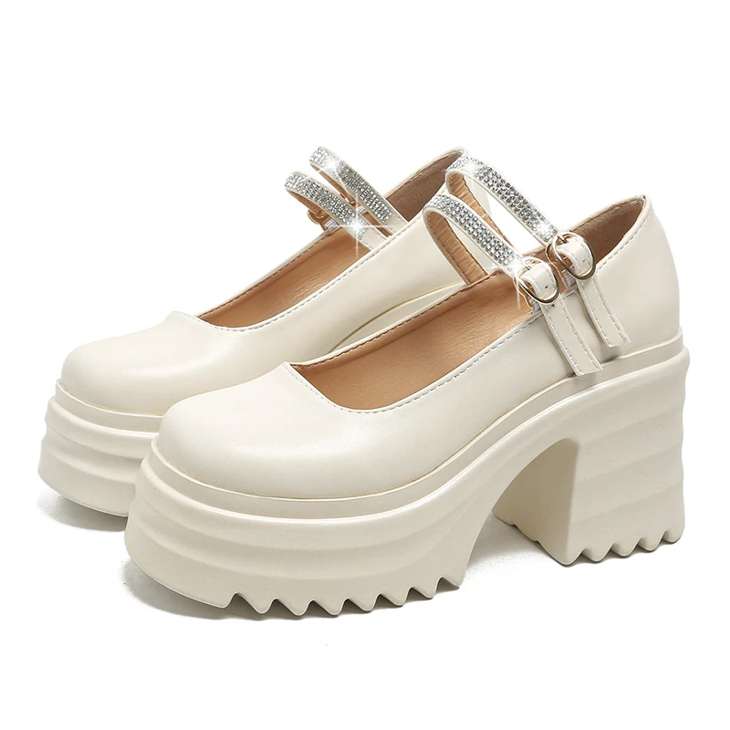 Autumn Pumps Women's 2022 Leather Mary Janes High Heels Shoes Black for Office Model Fashion Rhinestone Buckle Platform Shoes image 6