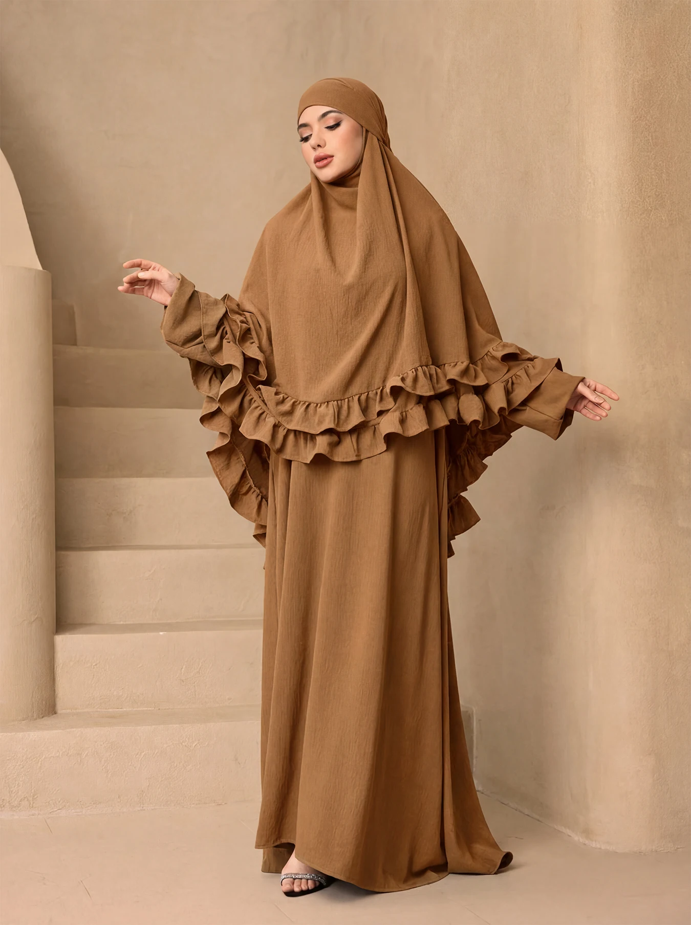 Elegant Ruffle Layer Khimar Abaya Two Piece Set,Loose Modest Long Prayer Dress With Flounce Hijab For MuslimWomen Eid Daily Wear view 5