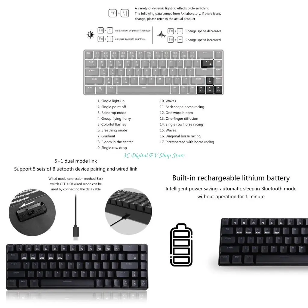 

E74D RF68 Wireless Keyboard 68 Keys Backlit BT Wireless Gaming for Smart Gift