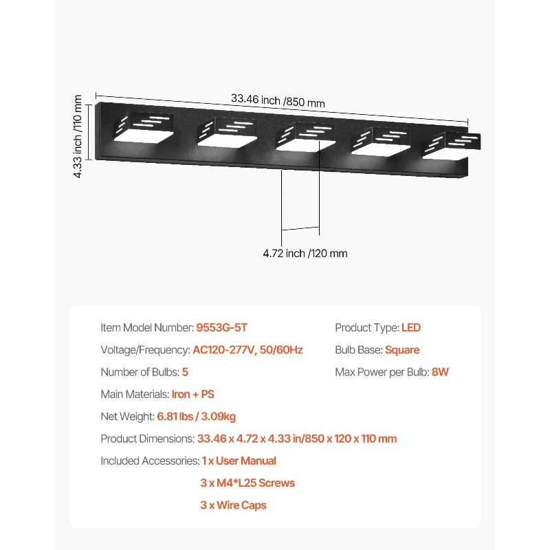 5灯LEDモダンバスルームバニティ照明器具33.46インチ壁掛け照明器具