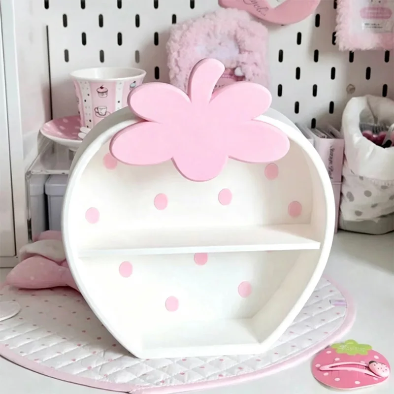 Cute Strawberry Desk Organizer Shelf Kawaii Tiered Storage Rack Display Stand For Figurines Dolls Desktop Decor Ornament Gift