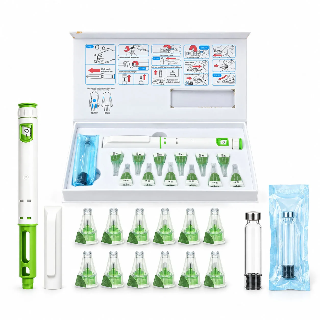 Disposable 10mg Adjustable Peptide Injector Pen Set with 12Pcs Pen Needles 1Pcs 3ML Empty Cartridge Precise Scale for Home Care