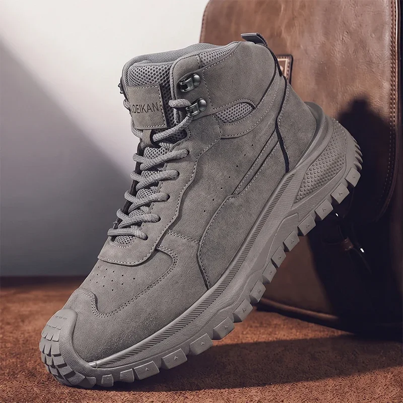 Men High Top Ankle Boots Suede Mesh Splicing Shoes Anti‑collision Toe Non‑slip Thick Sole Male Boots for Daily Walking Commute