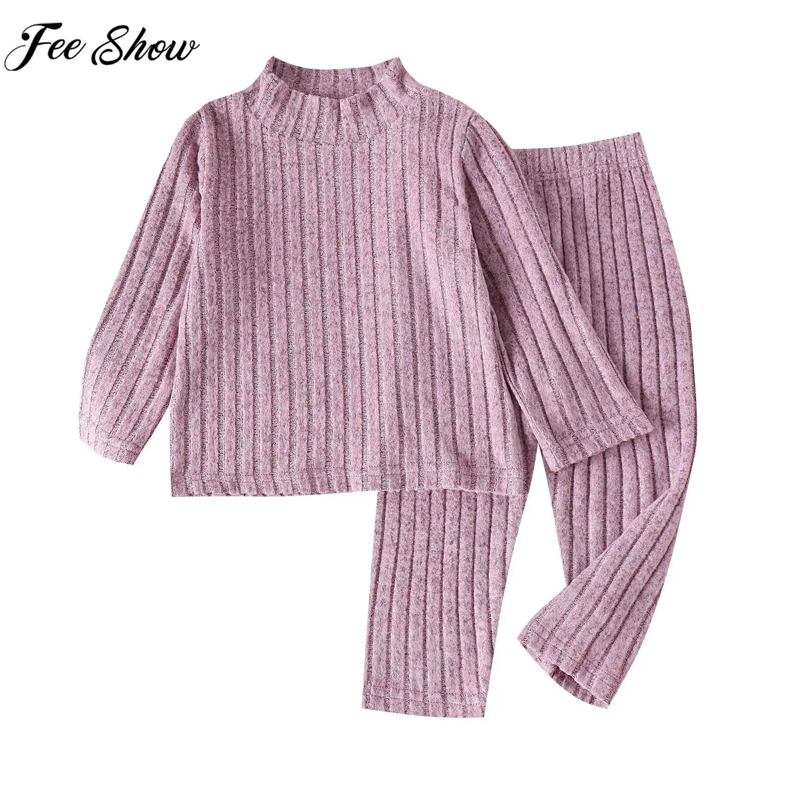 

Toddler Girls Autumn Casual Outfit Long Sleeve Mock Neck Ribbed Tops with Pants Set for Daliy School Wear Homewear Sleepwear