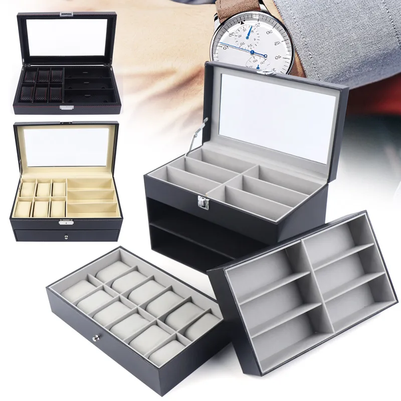 Black Leather Watch And 12 Eyeglasses&Sunglasses Box With Jewelry Display Metal Buckle Case Organizer