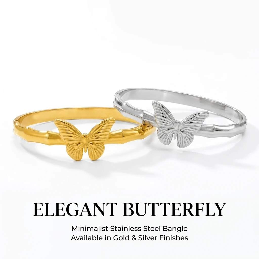 JP One Elegant Gold Color Snap Bracelet, Stainless Steel Cute Butterfly Bangle, Luxe Feel Women's Jewelry (60mm Inner Diameter)