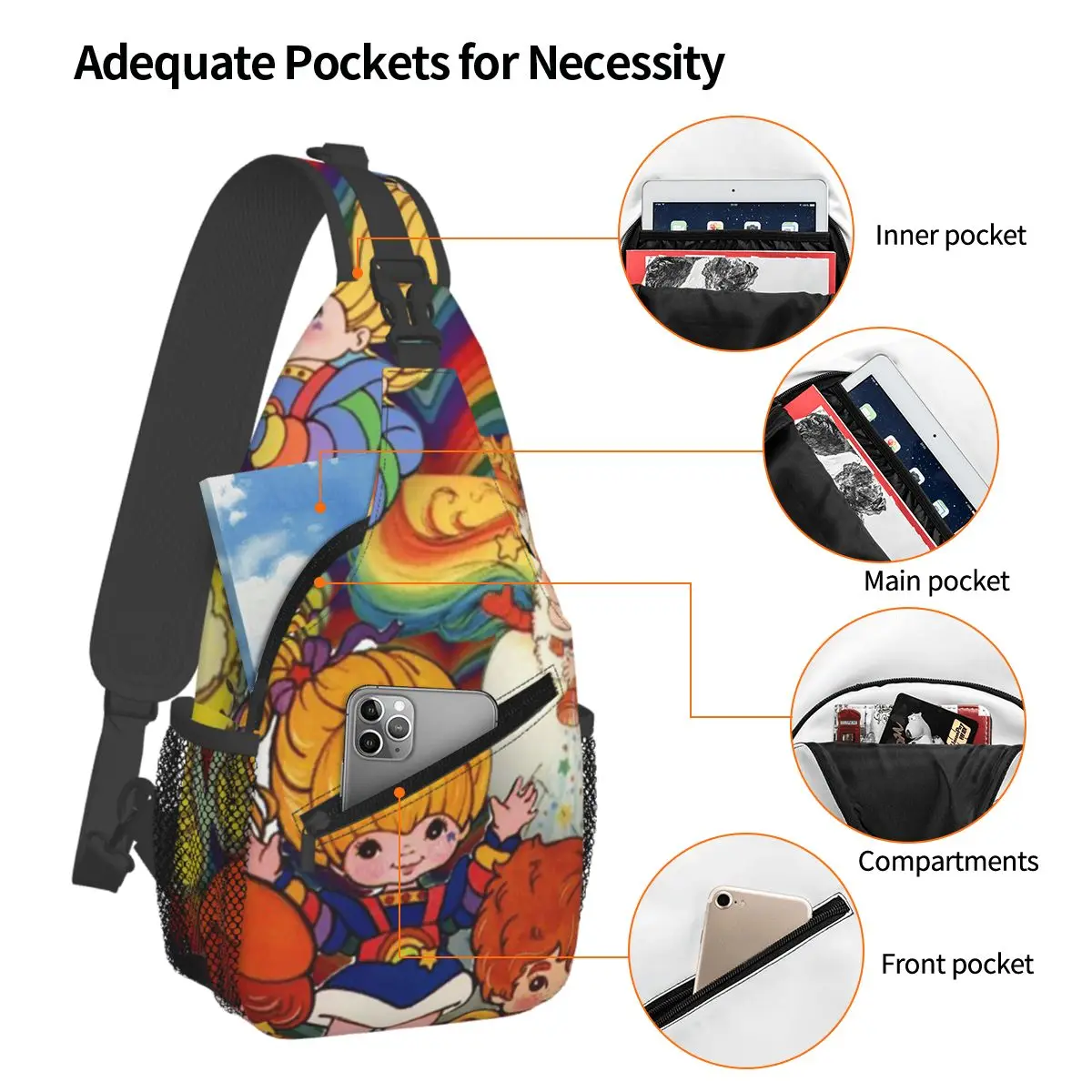 Rainbows Brite Chest Bag Men Sling Crossbody Backpack Chest Bag Travel Hiking Daypack Shoulder Bag