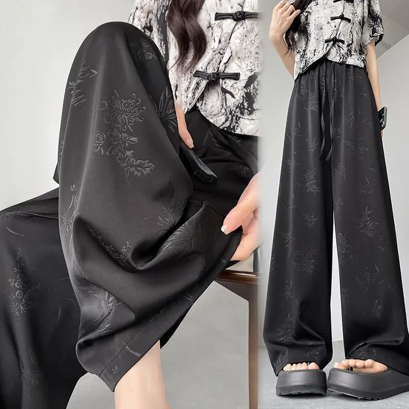 Chinese Style Satin Jacquard Printed Cool Wide Leg For Women In Summer, High Waisted And Slim Casual Pants