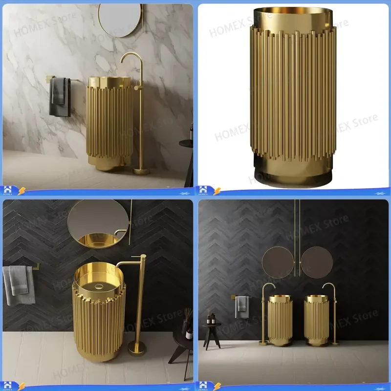 Modern Stainless Steel Cylinder Pedestal Sink Floor Standing Basin with Drainage Kit Bathroom Washbasin Vanity Unit