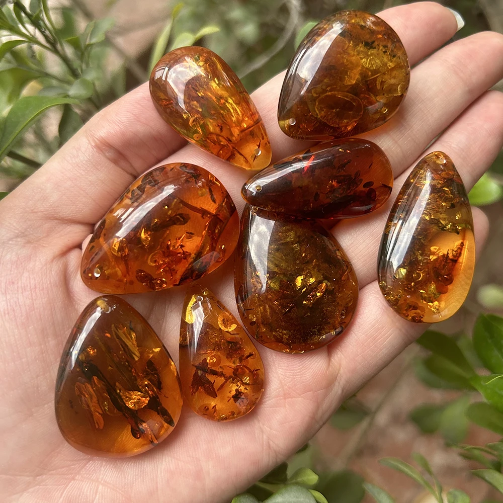 100% Natural Floral Amber With Fossilized Plant rregular Waterdrop Pendant ,Size about 30mm-50mm DIY Fine Jewelry Unisex Gift