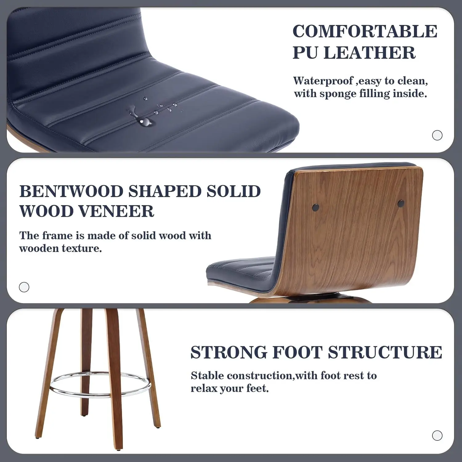 Bar Stools 26 Inch Counter Height, Set Of 2, PU Leather Swivel Counter Stools With Backs, L Shape Back And Bentwood, Customized