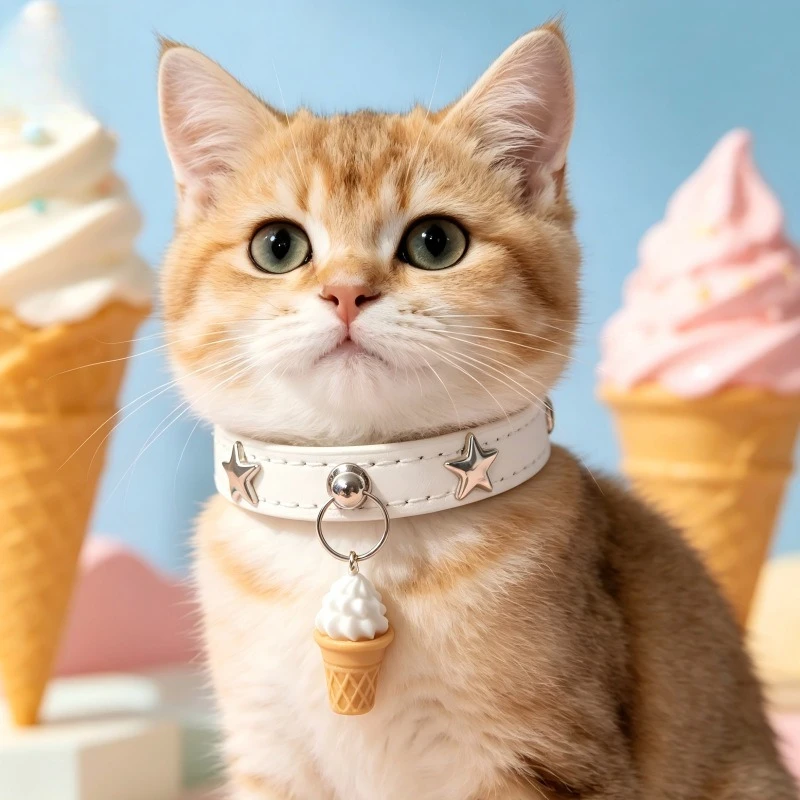 

Ice Cream Print PU Leather Cat Collar, Adjustable Cute Faux Leather Pet Necklace for Small Medium Kittens, Soft Lightweight