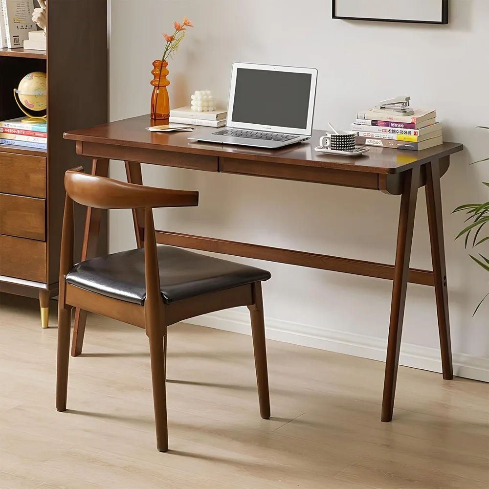 Computer Desk with Drawers, Solid Wood Writing Desk, Mid Century Modern Home Office Desks, Oak Study Table，Walnut