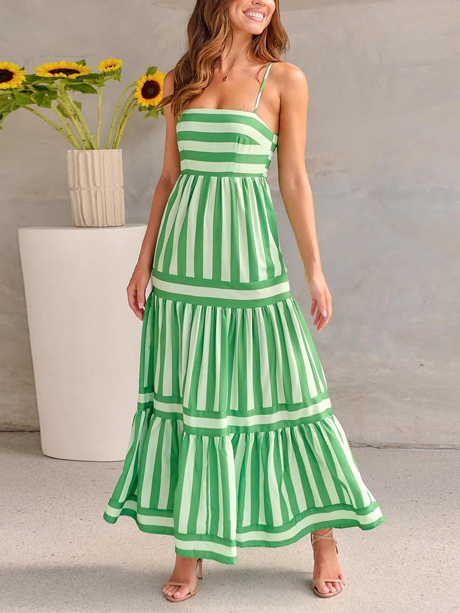 Women's Casual Flowy Long Dresses Y2k Beach Holiday Aesthetic Smocked Swing Dress Summer Sleeveless Striped A Line Sundress