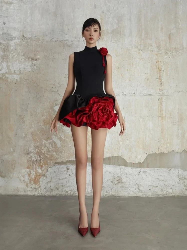 Sexy O Neck Patchwork 3D Flowers Dress Women Black Sleeveless Colorblock Floral A-line Dresses Evening Paty Cocktail Clubwear